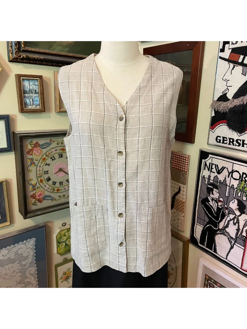 Smith & Hawken Oatmeal Beige White Black Windowpane Plaid Linen Vest Size XL